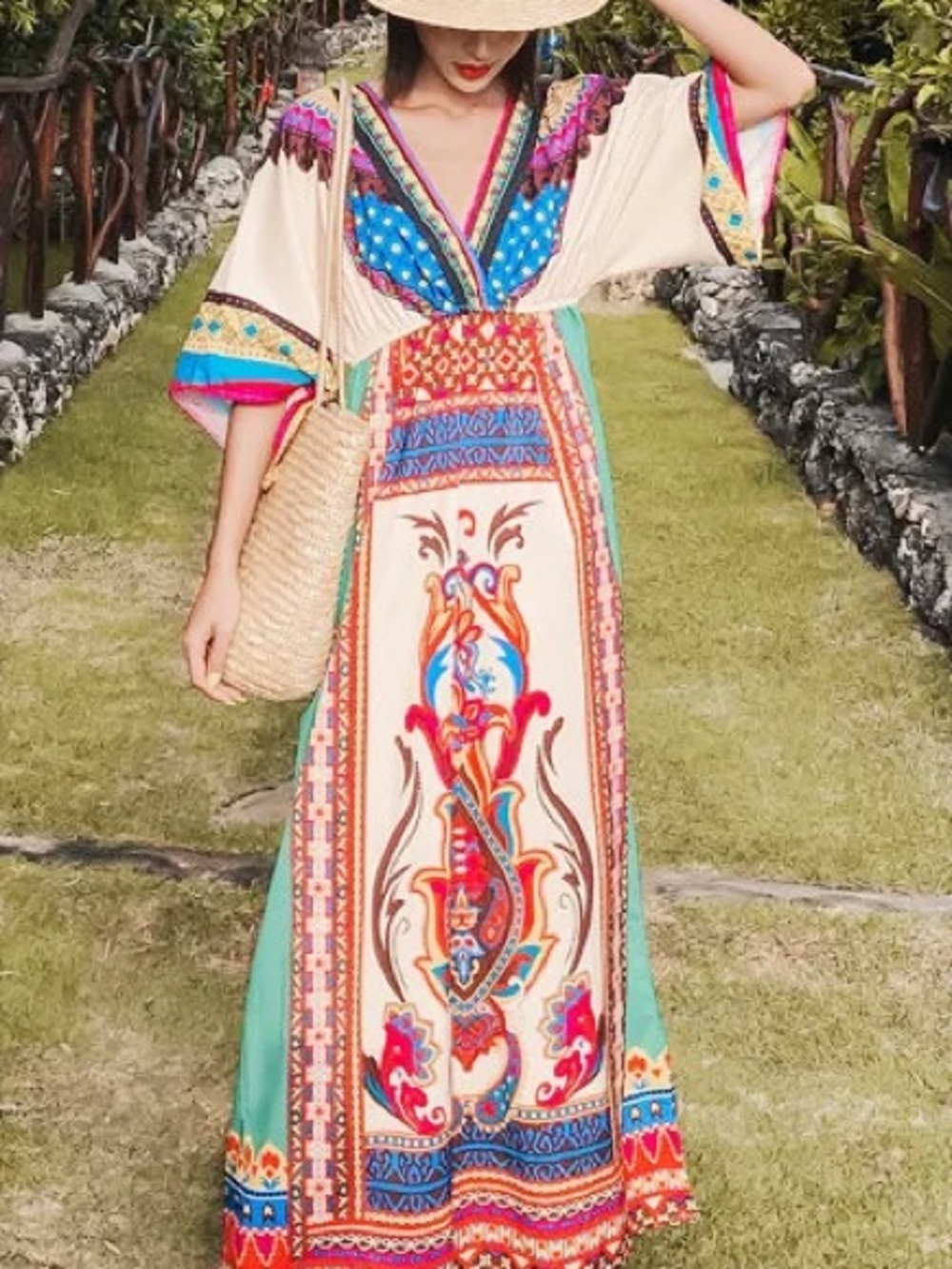 Bohemian V-Neck Maxi Dress in Teal and Cream - Picture 6 of 6